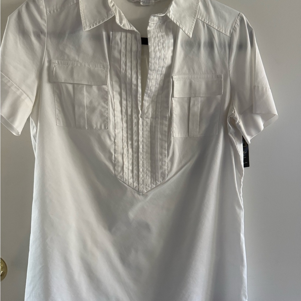 Diane Von Furstenberg White Short-Sleeve Tunic Polo with Pintuck Placket